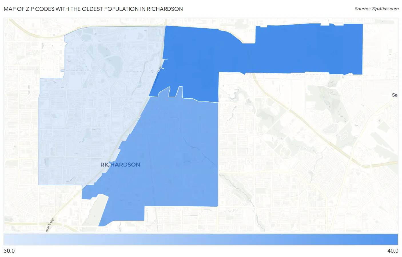 Zip Codes with the Oldest Population in Richardson Map