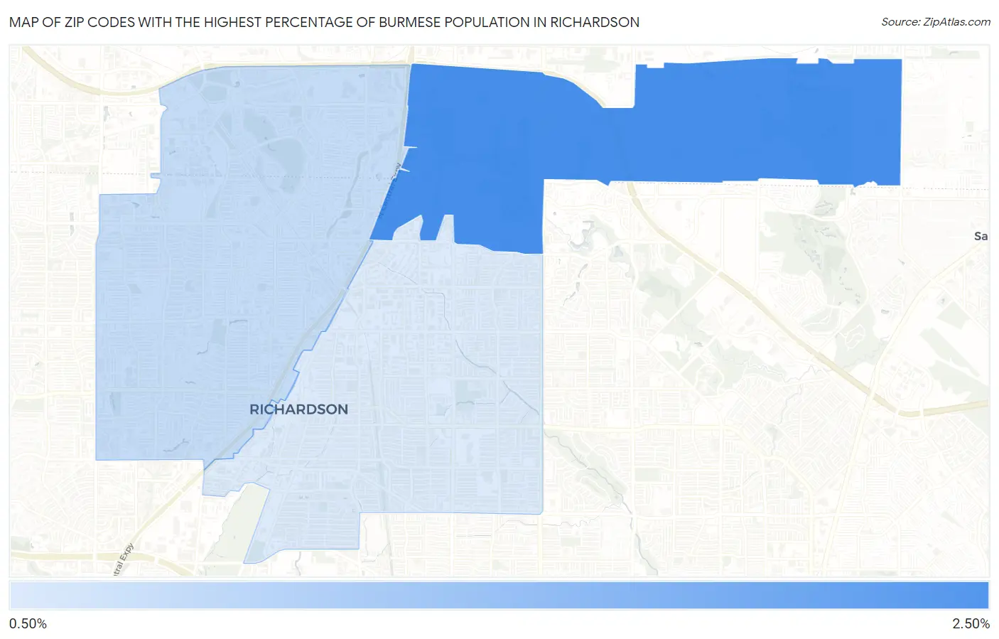 Zip Codes with the Highest Percentage of Burmese Population in Richardson Map