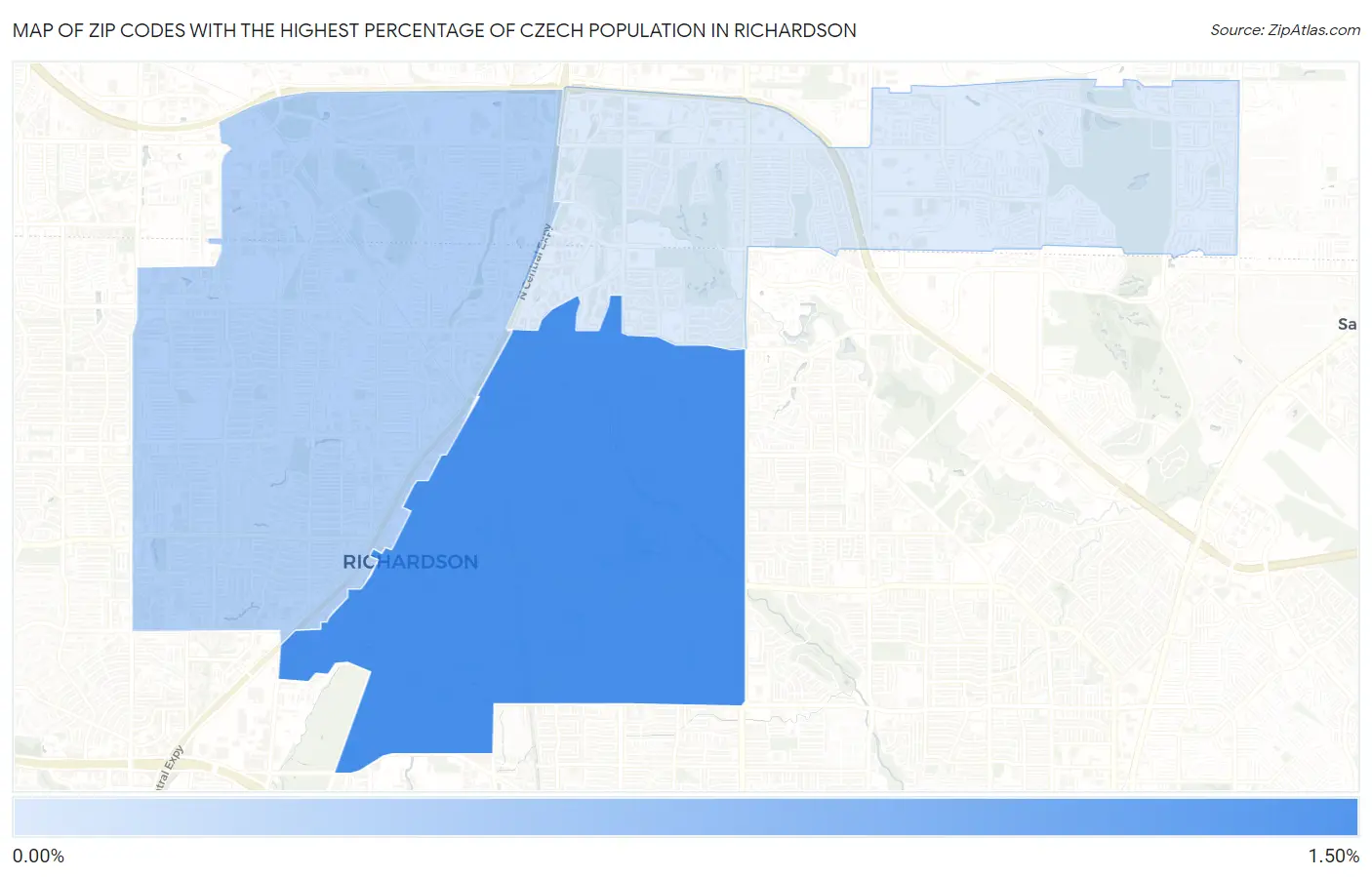 Zip Codes with the Highest Percentage of Czech Population in Richardson Map