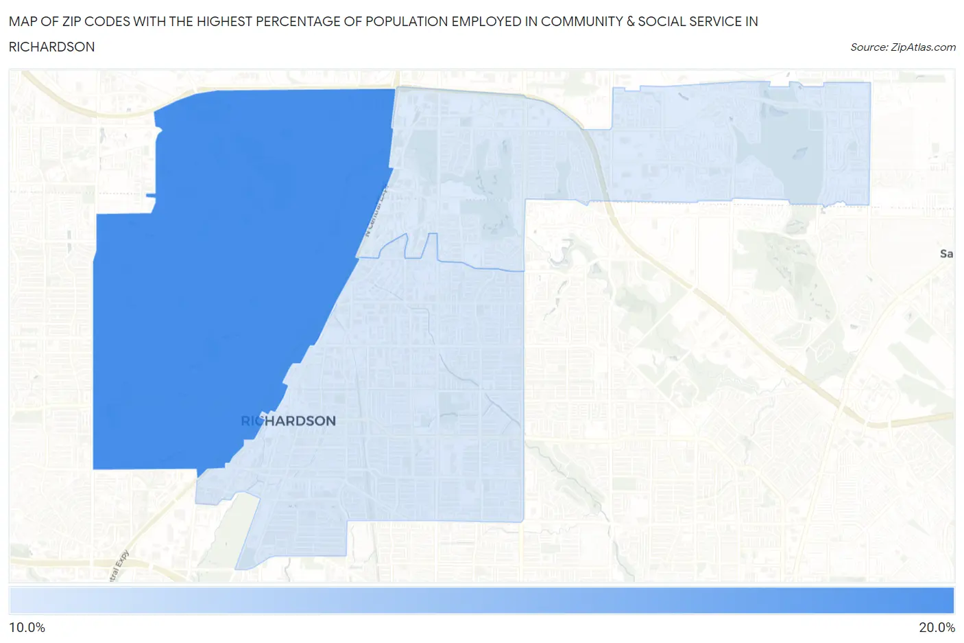 Zip Codes with the Highest Percentage of Population Employed in Community & Social Service  in Richardson Map