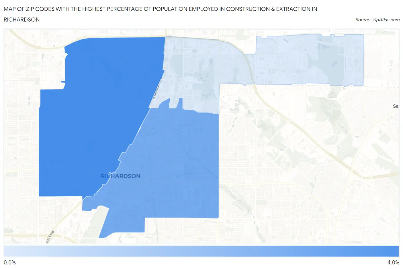 Zip Codes with the Highest Percentage of Population Employed in Construction & Extraction in Richardson Map