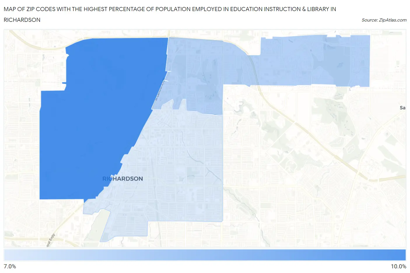 Zip Codes with the Highest Percentage of Population Employed in Education Instruction & Library in Richardson Map