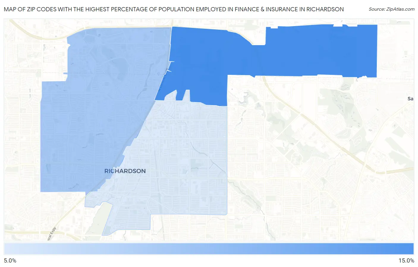 Zip Codes with the Highest Percentage of Population Employed in Finance & Insurance in Richardson Map