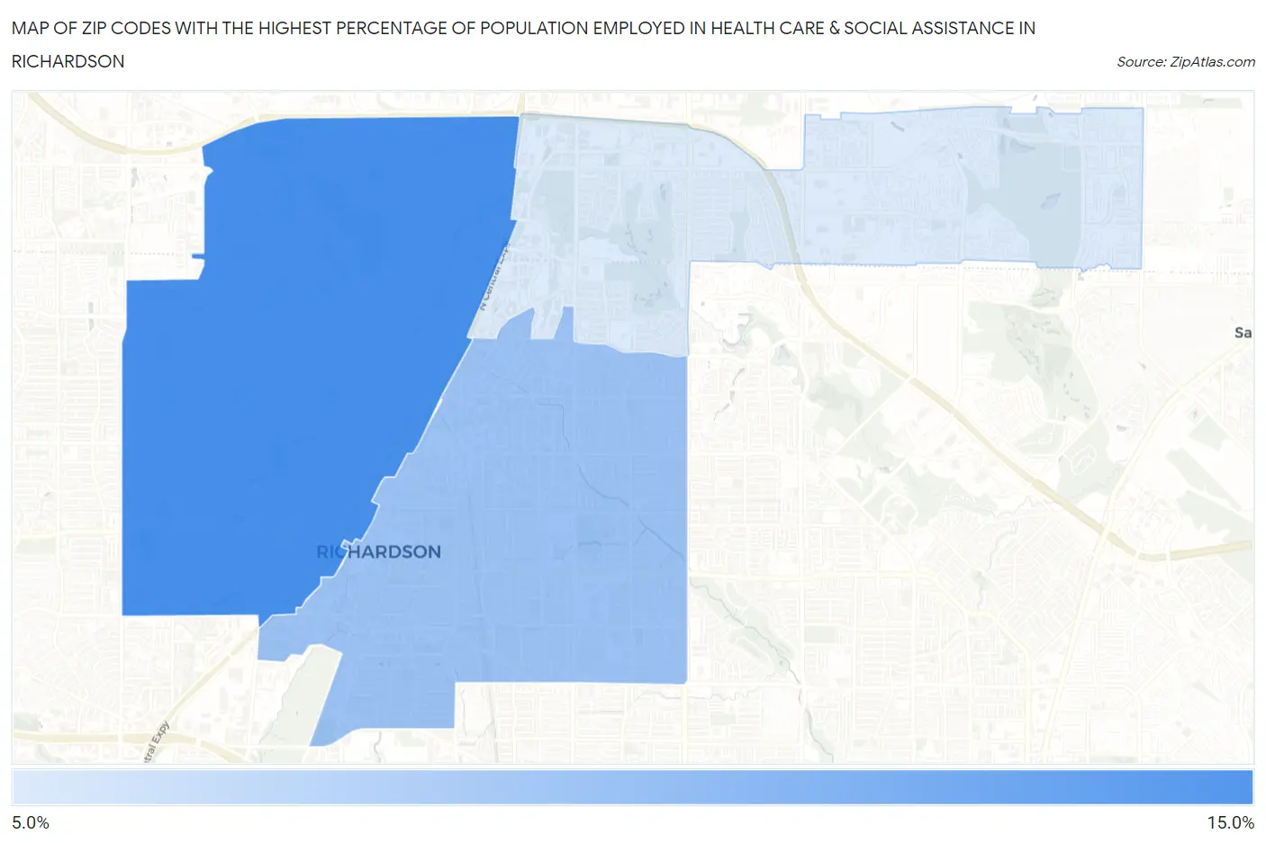Zip Codes with the Highest Percentage of Population Employed in Health Care & Social Assistance in Richardson Map