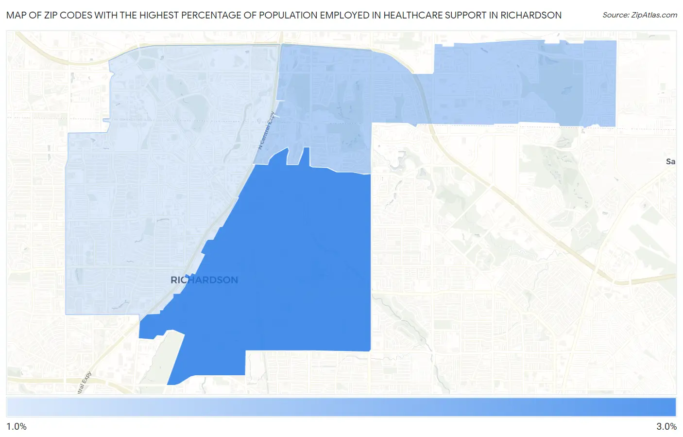 Zip Codes with the Highest Percentage of Population Employed in Healthcare Support in Richardson Map