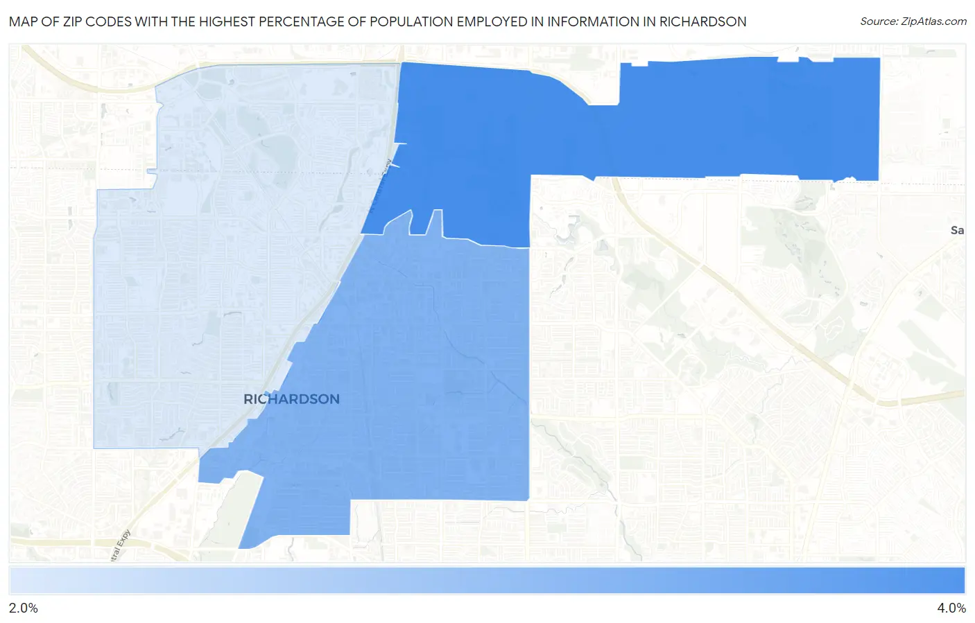 Zip Codes with the Highest Percentage of Population Employed in Information in Richardson Map