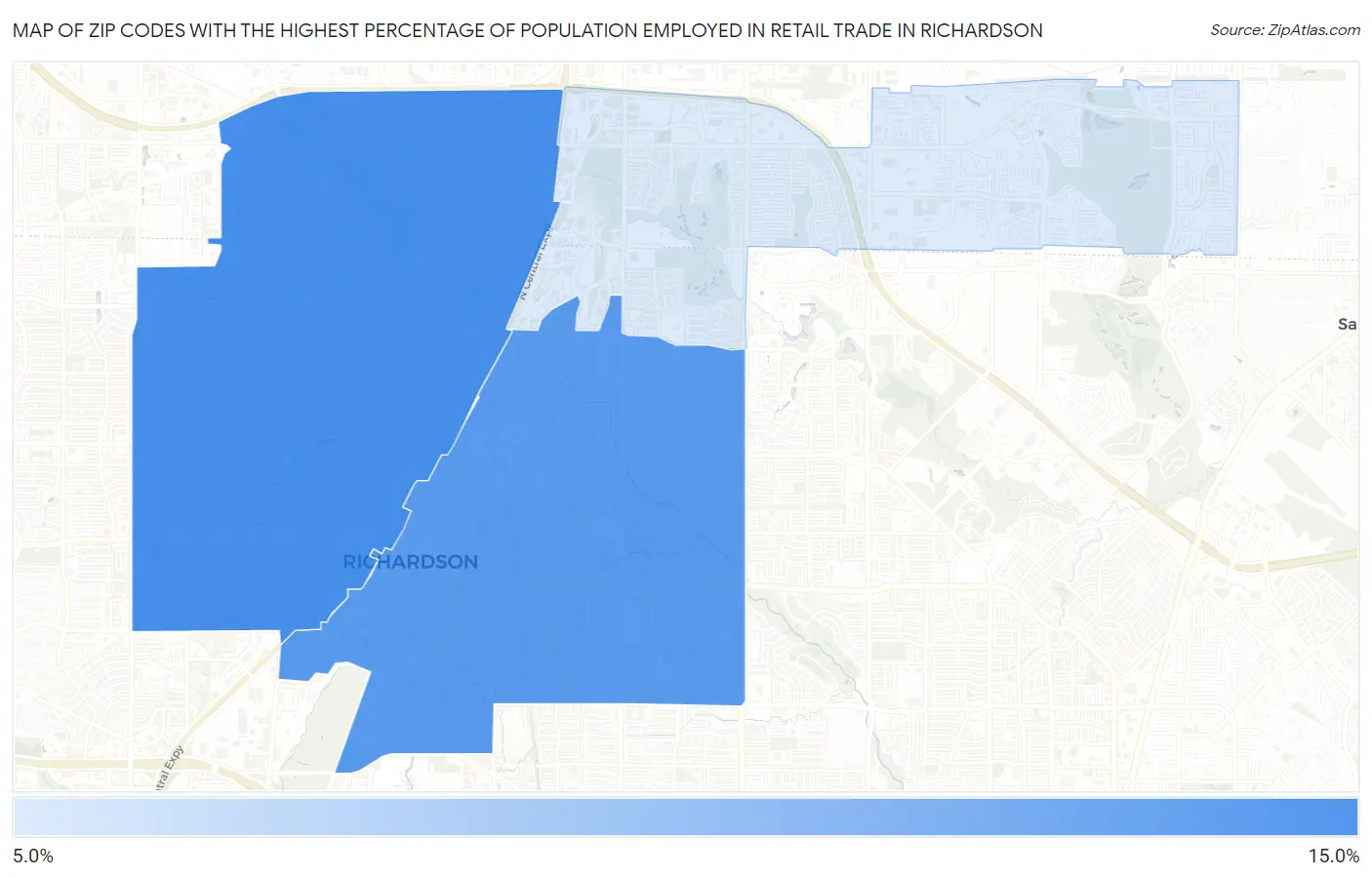 Zip Codes with the Highest Percentage of Population Employed in Retail Trade in Richardson Map
