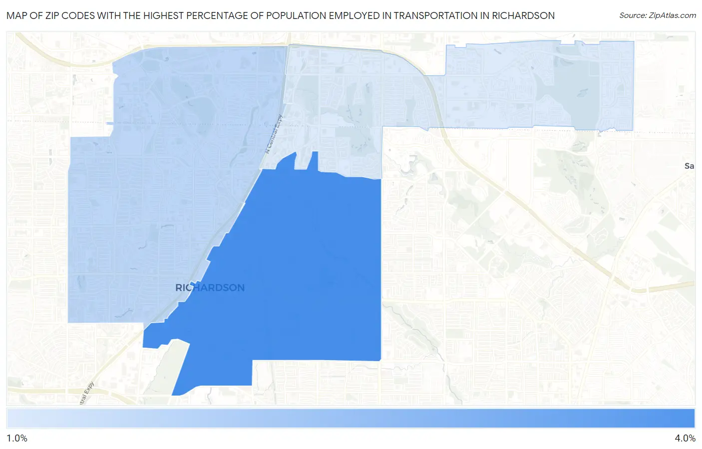 Zip Codes with the Highest Percentage of Population Employed in Transportation in Richardson Map