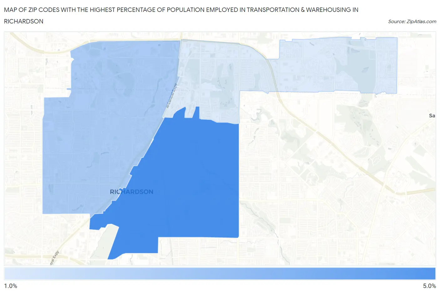 Zip Codes with the Highest Percentage of Population Employed in Transportation & Warehousing in Richardson Map