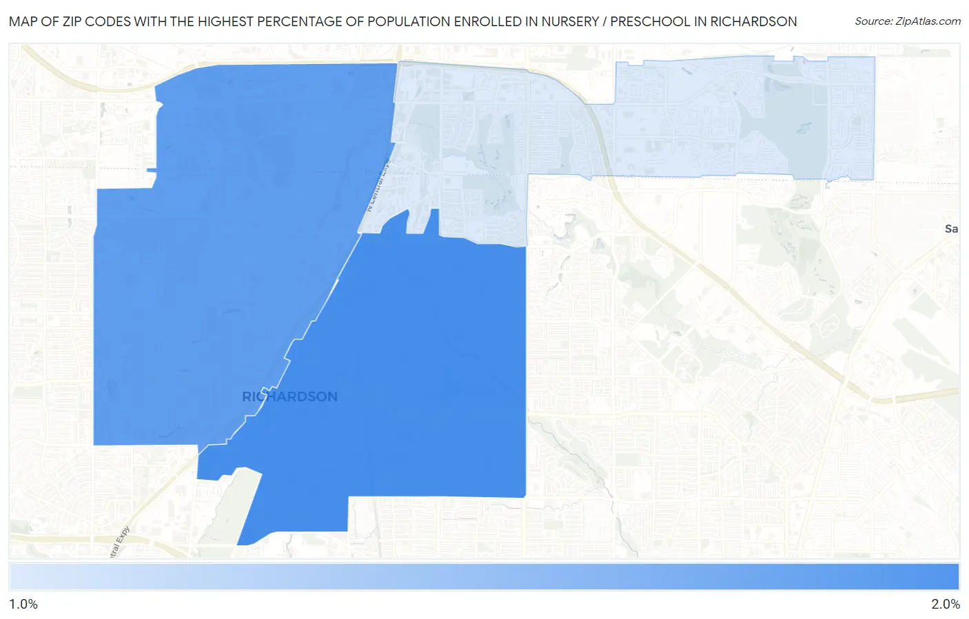 Zip Codes with the Highest Percentage of Population Enrolled in Nursery / Preschool in Richardson Map