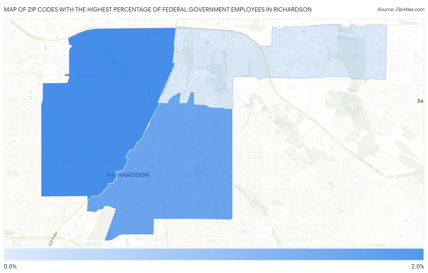Zip Codes with the Highest Percentage of Federal Government Employees in Richardson Map