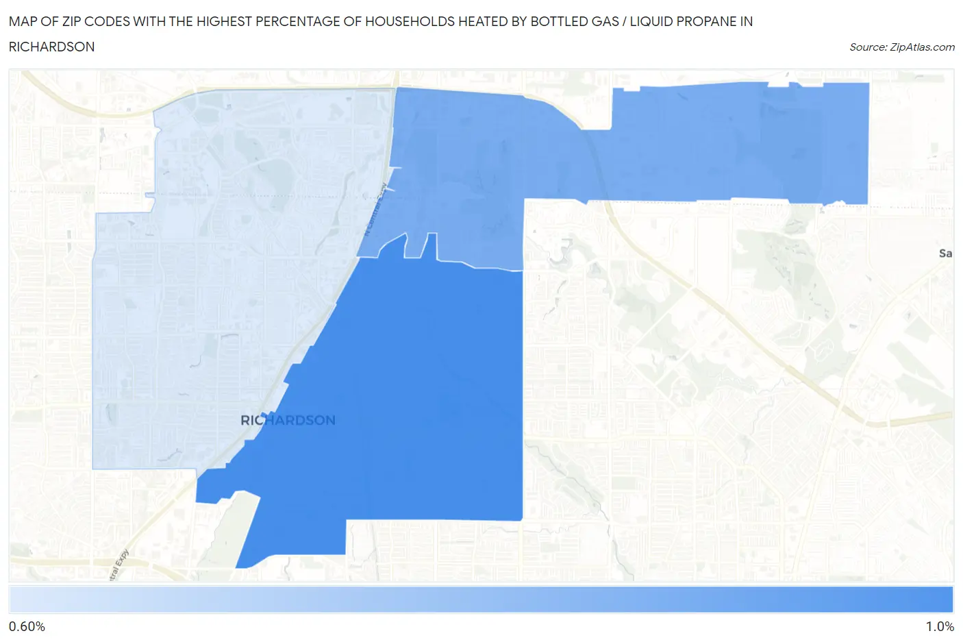 Zip Codes with the Highest Percentage of Households Heated by Bottled Gas / Liquid Propane in Richardson Map