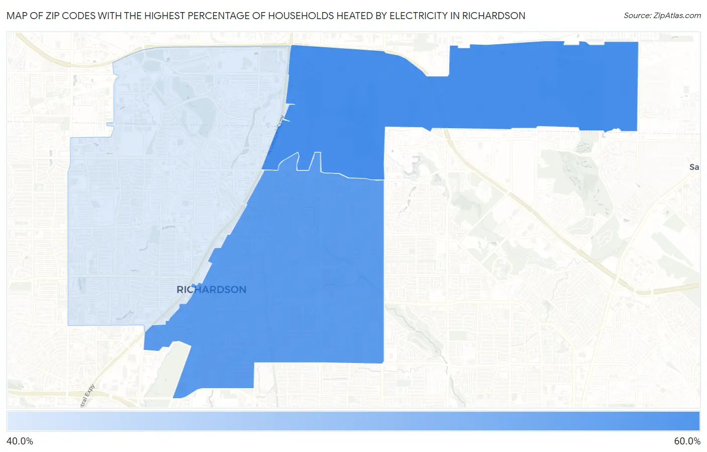 Zip Codes with the Highest Percentage of Households Heated by Electricity in Richardson Map
