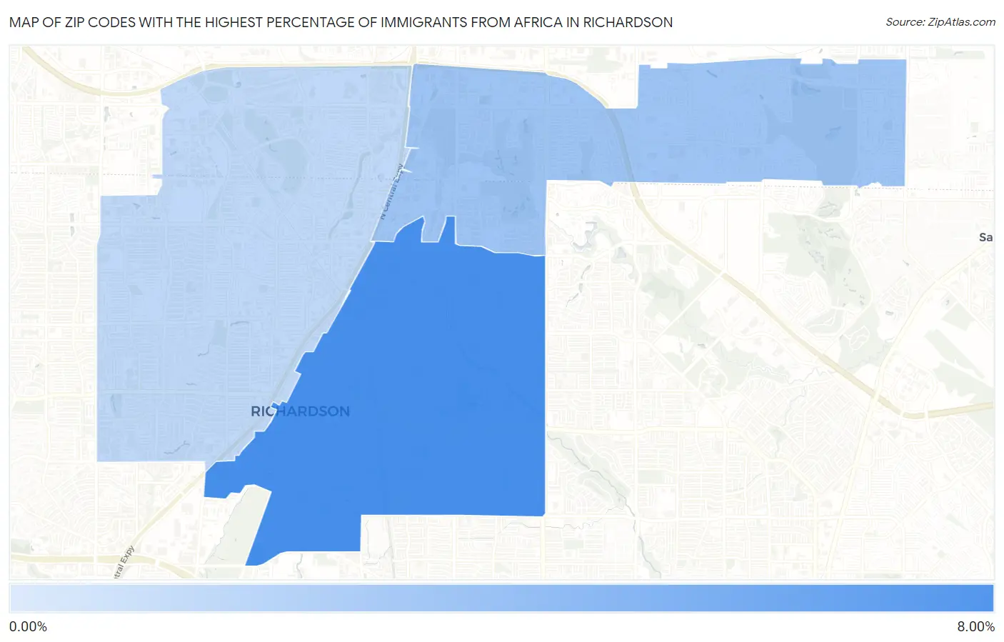 Zip Codes with the Highest Percentage of Immigrants from Africa in Richardson Map