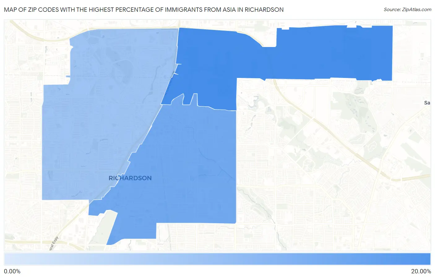 Zip Codes with the Highest Percentage of Immigrants from Asia in Richardson Map
