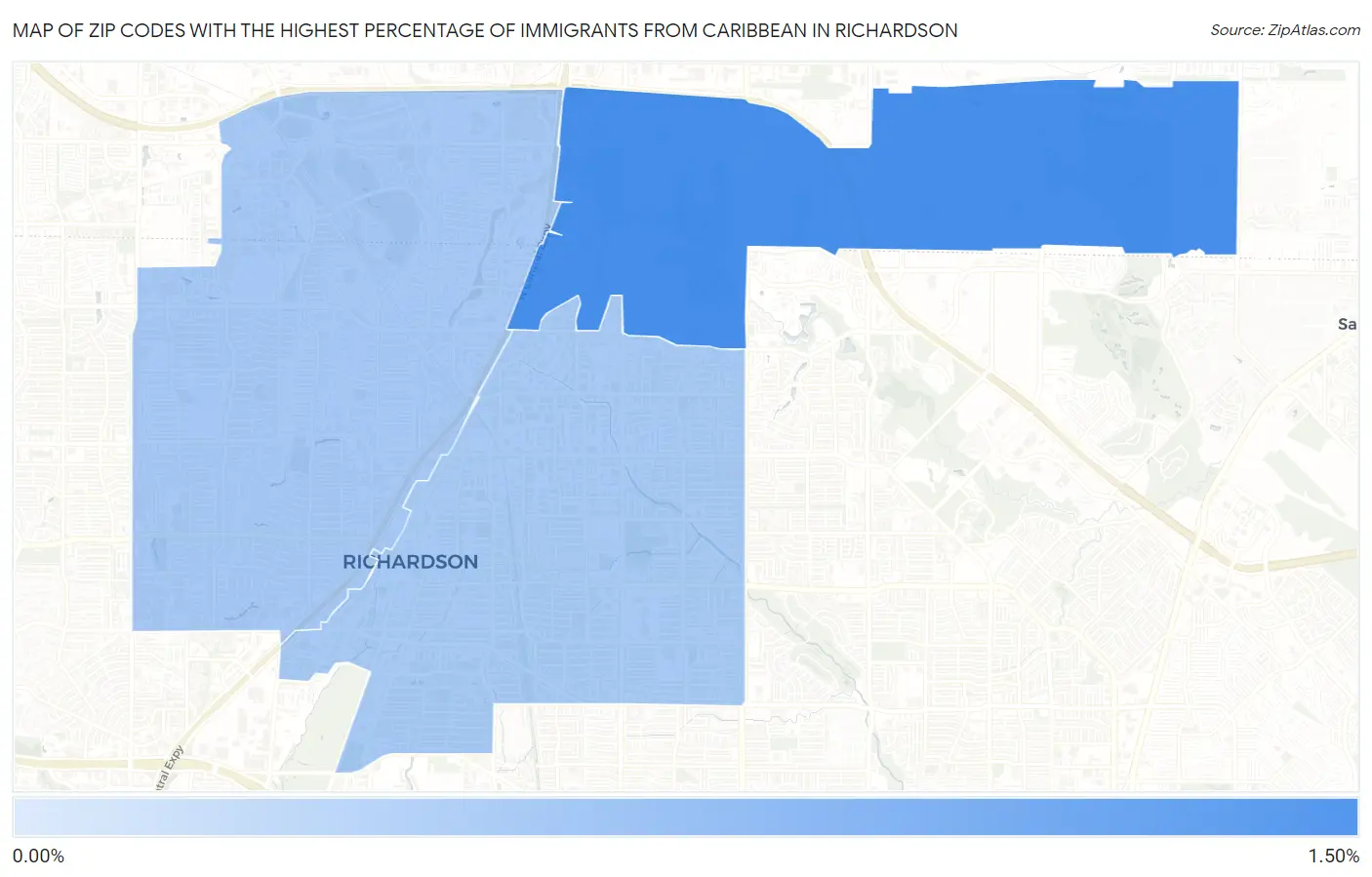 Zip Codes with the Highest Percentage of Immigrants from Caribbean in Richardson Map