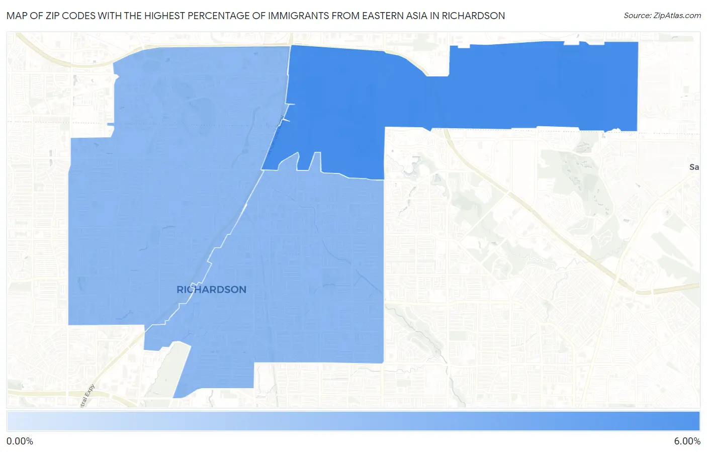 Zip Codes with the Highest Percentage of Immigrants from Eastern Asia in Richardson Map