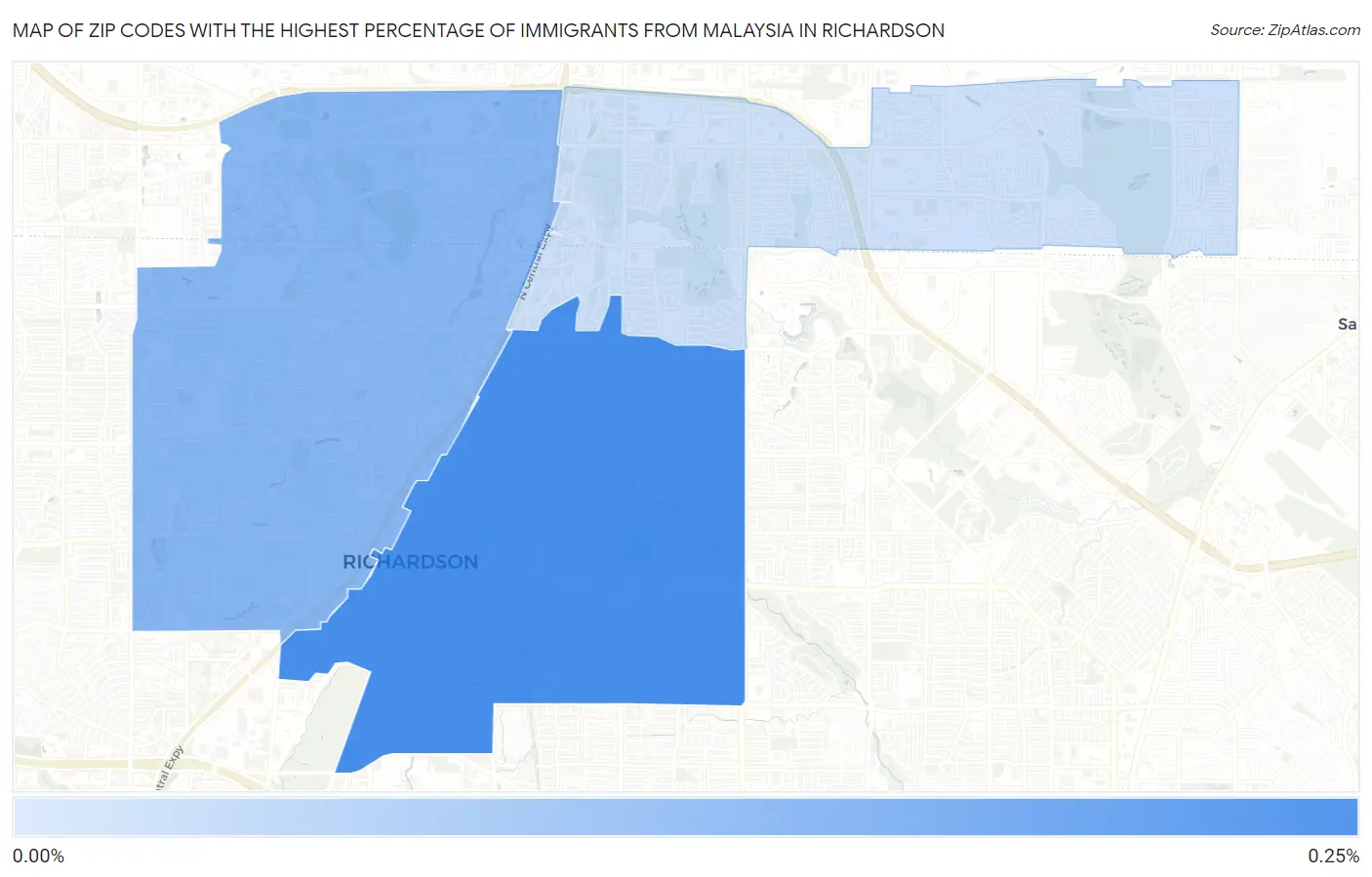Zip Codes with the Highest Percentage of Immigrants from Malaysia in Richardson Map