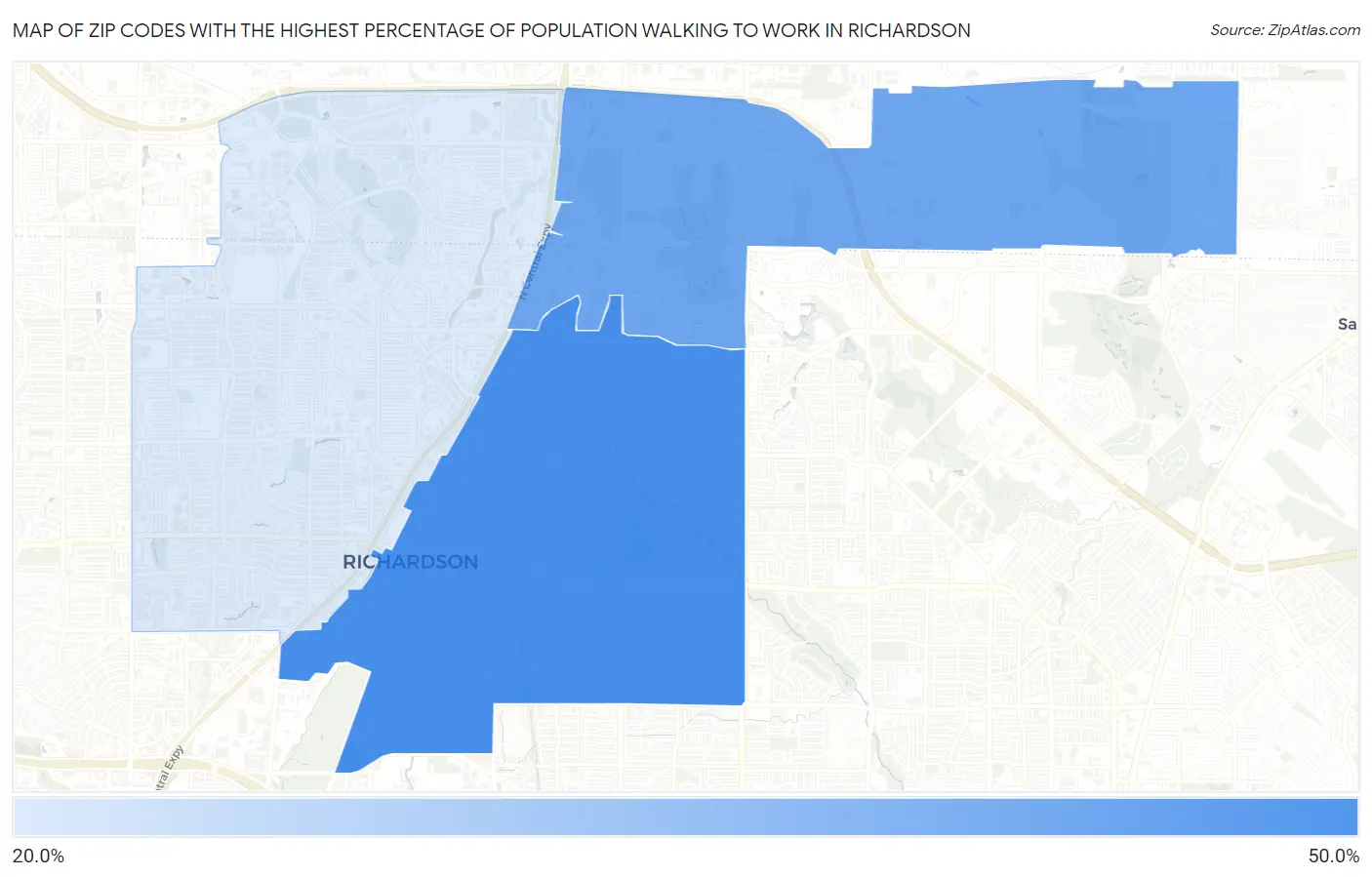 Zip Codes with the Highest Percentage of Population Walking to Work in Richardson Map