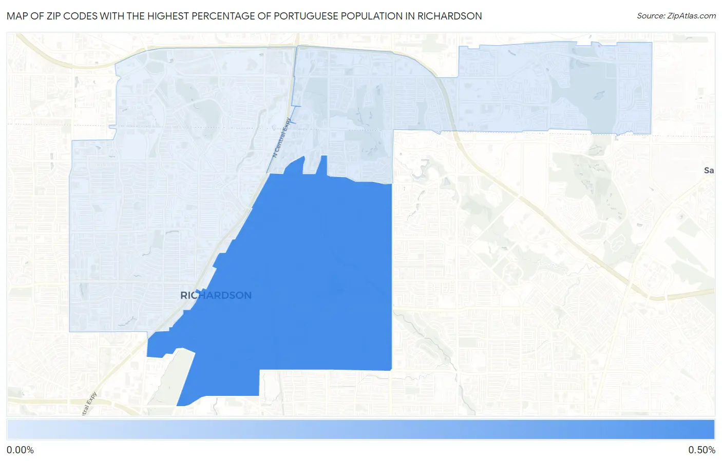 Zip Codes with the Highest Percentage of Portuguese Population in Richardson Map
