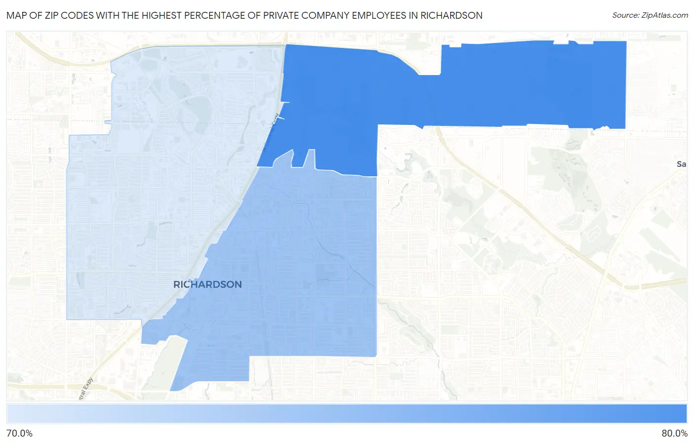 Zip Codes with the Highest Percentage of Private Company Employees in Richardson Map