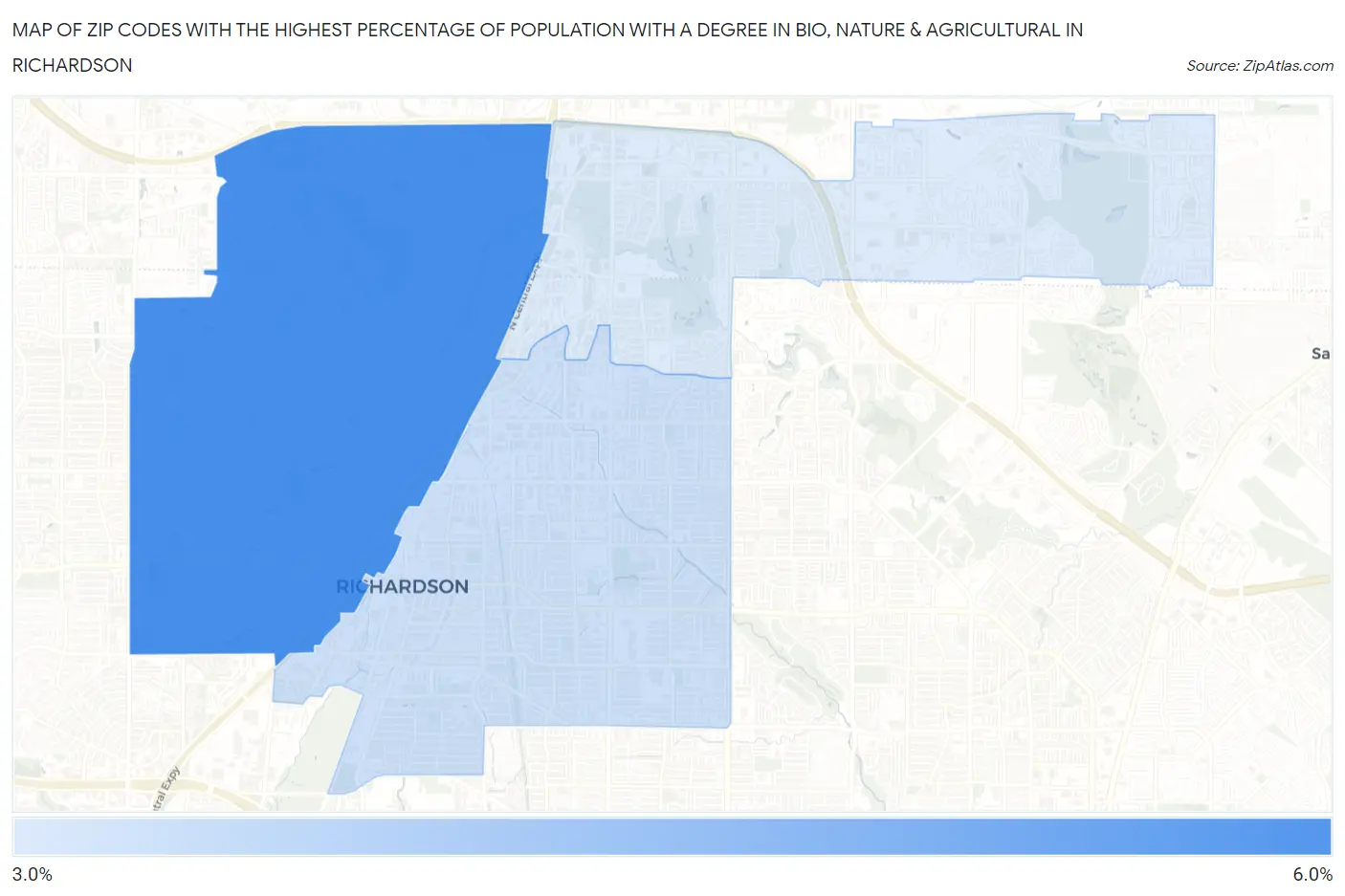 Zip Codes with the Highest Percentage of Population with a Degree in Bio, Nature & Agricultural in Richardson Map