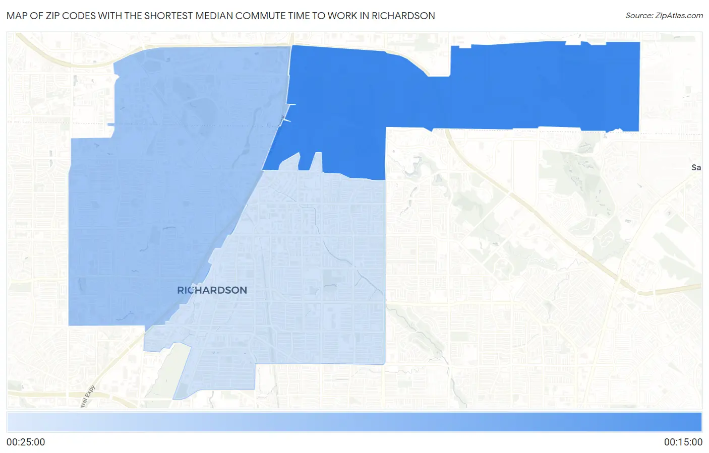 Zip Codes with the Shortest Median Commute Time to Work in Richardson Map
