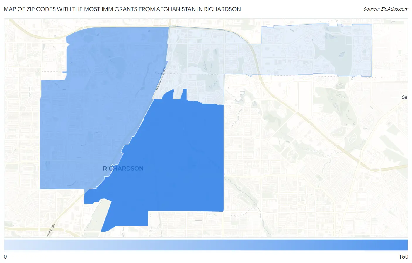 Zip Codes with the Most Immigrants from Afghanistan in Richardson Map