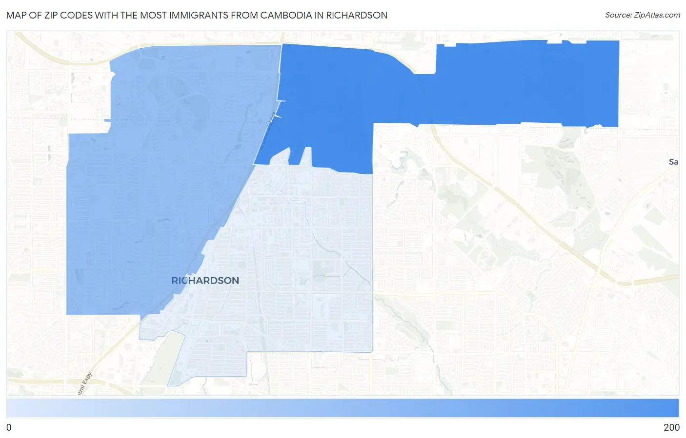 Zip Codes with the Most Immigrants from Cambodia in Richardson Map