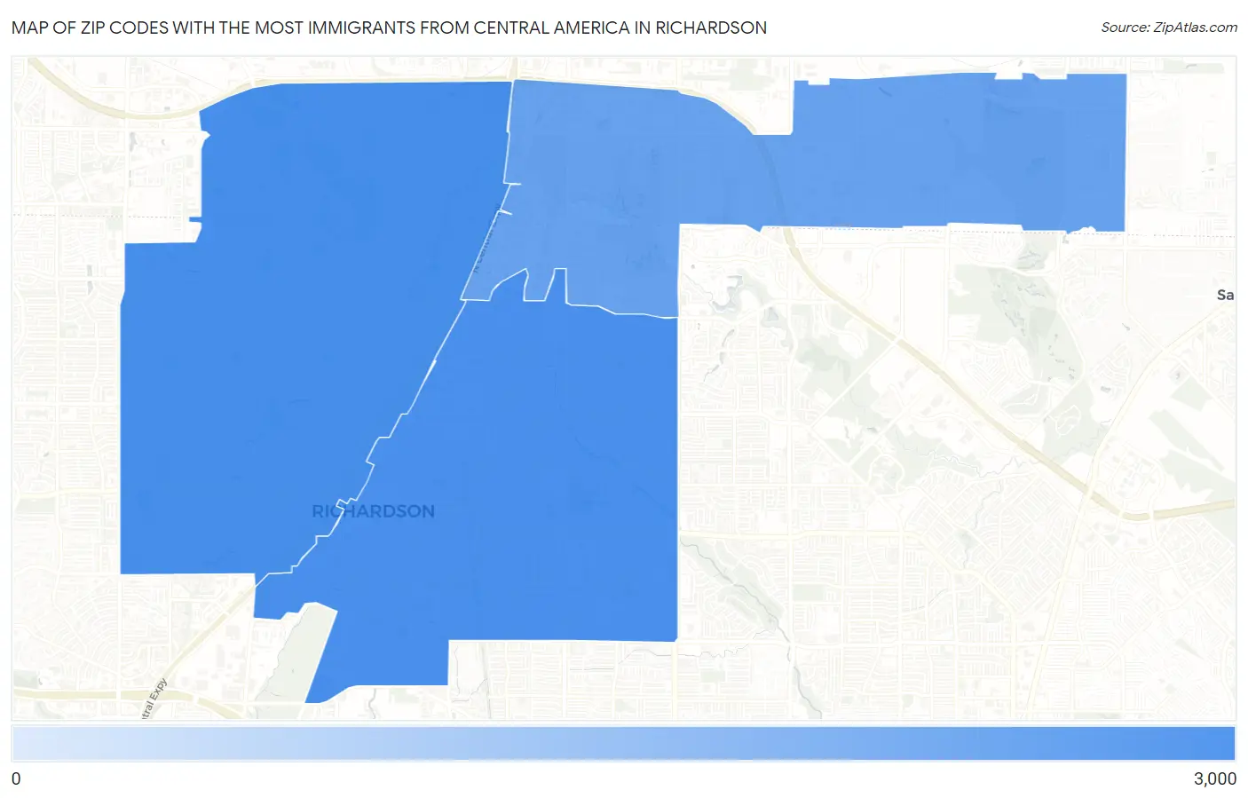 Zip Codes with the Most Immigrants from Central America in Richardson Map