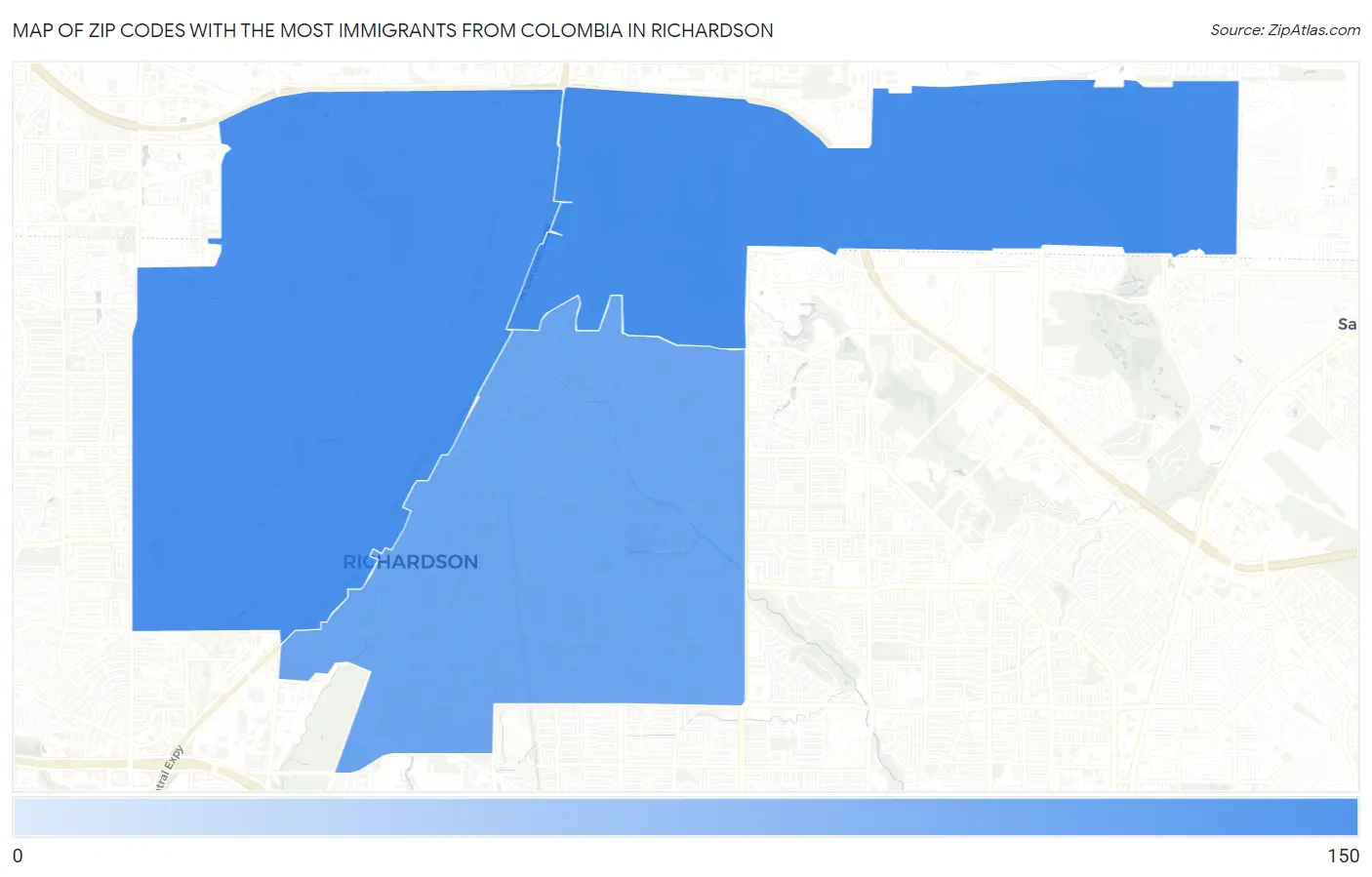 Zip Codes with the Most Immigrants from Colombia in Richardson Map