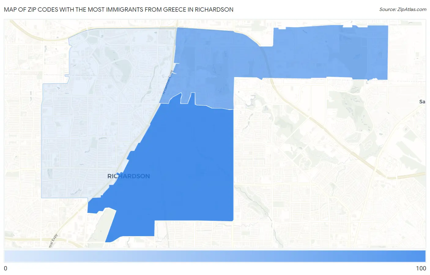 Zip Codes with the Most Immigrants from Greece in Richardson Map