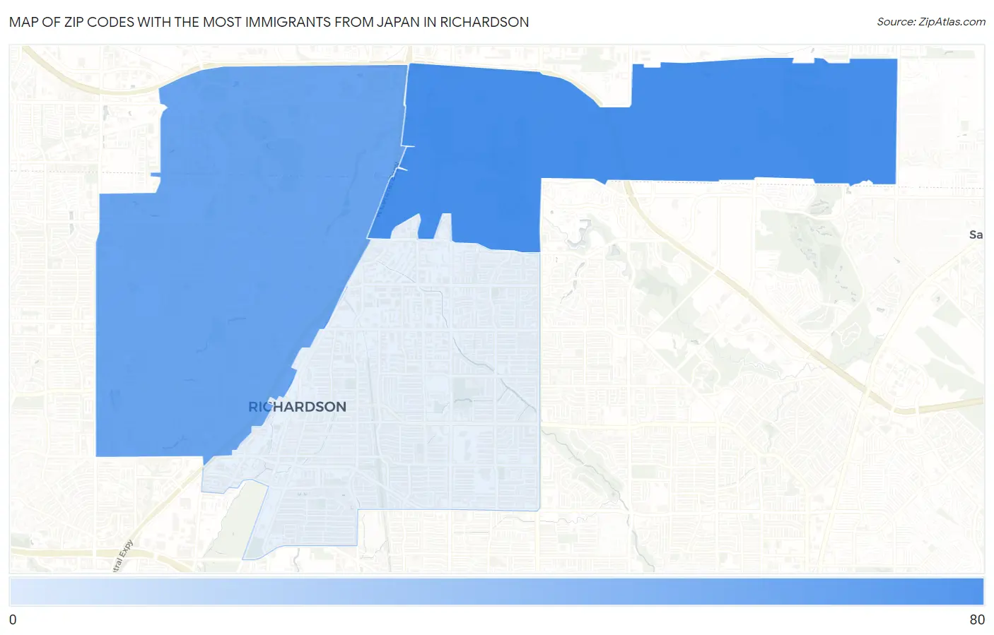 Zip Codes with the Most Immigrants from Japan in Richardson Map