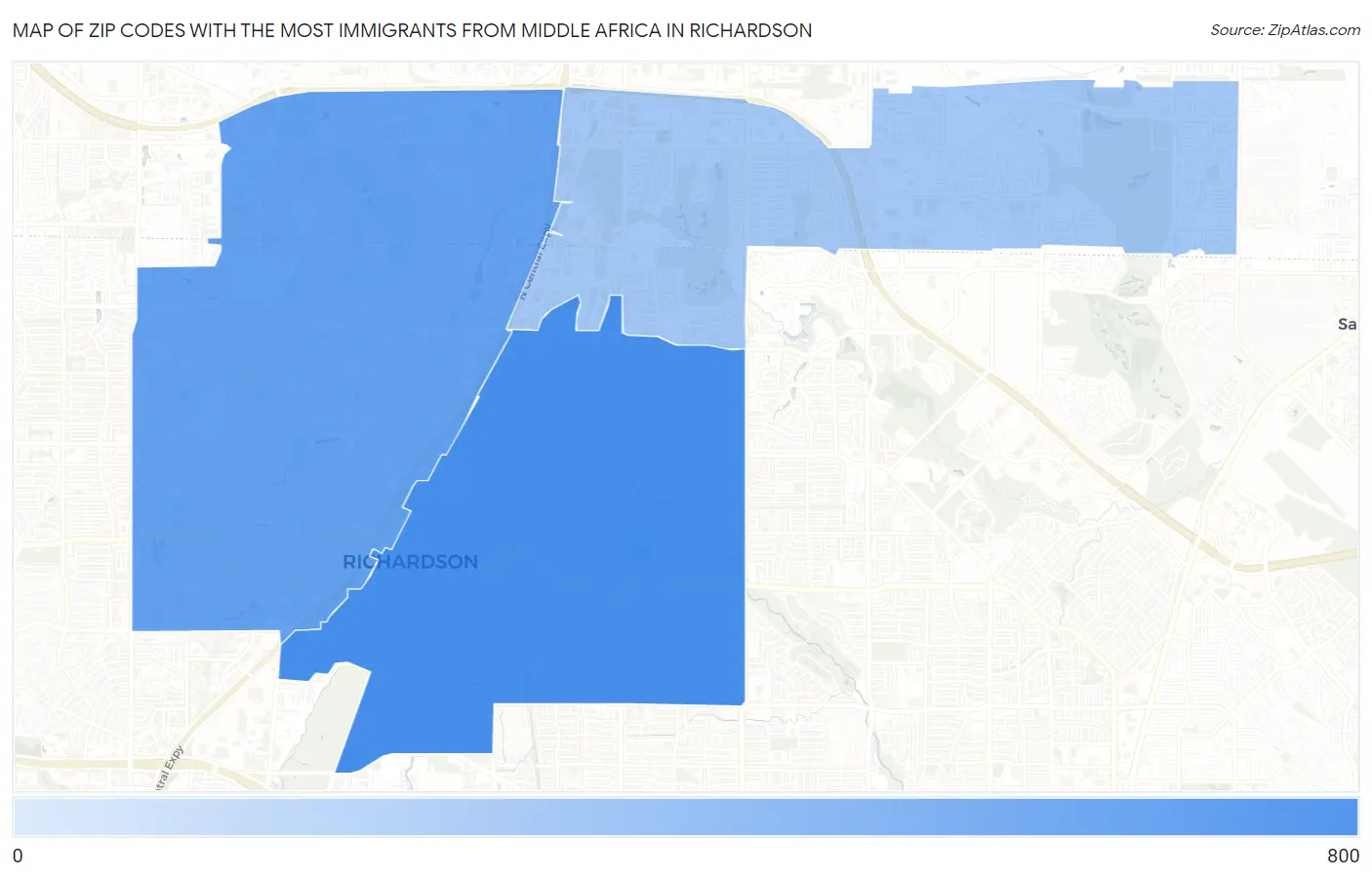 Zip Codes with the Most Immigrants from Middle Africa in Richardson Map
