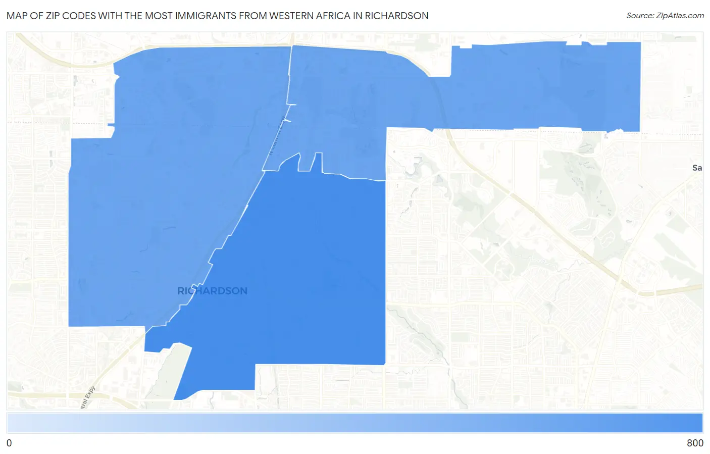 Zip Codes with the Most Immigrants from Western Africa in Richardson Map