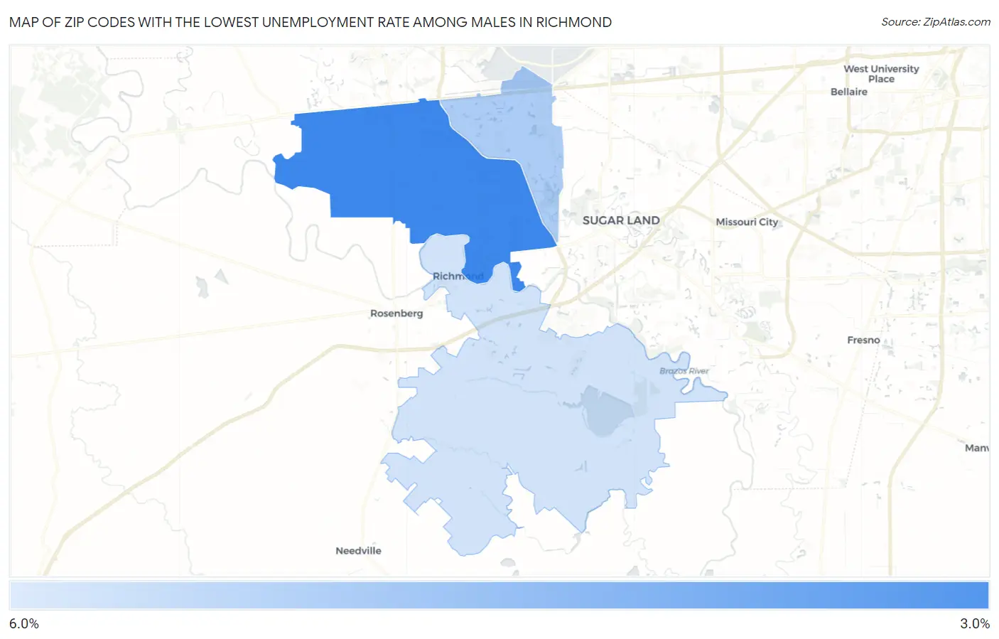 Zip Codes with the Lowest Unemployment Rate Among Males in Richmond Map