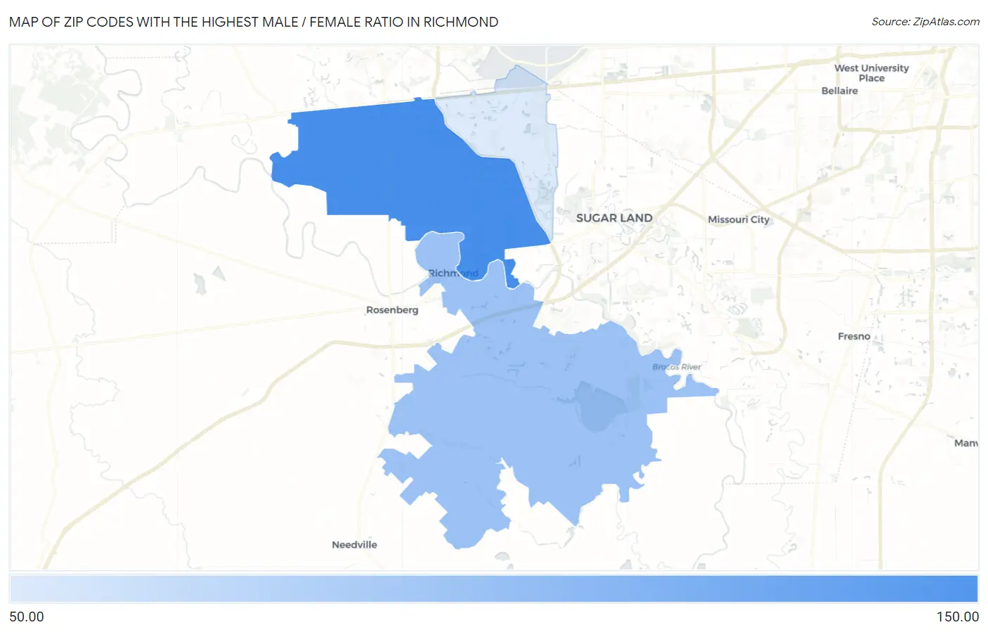 Zip Codes with the Highest Male / Female Ratio in Richmond Map