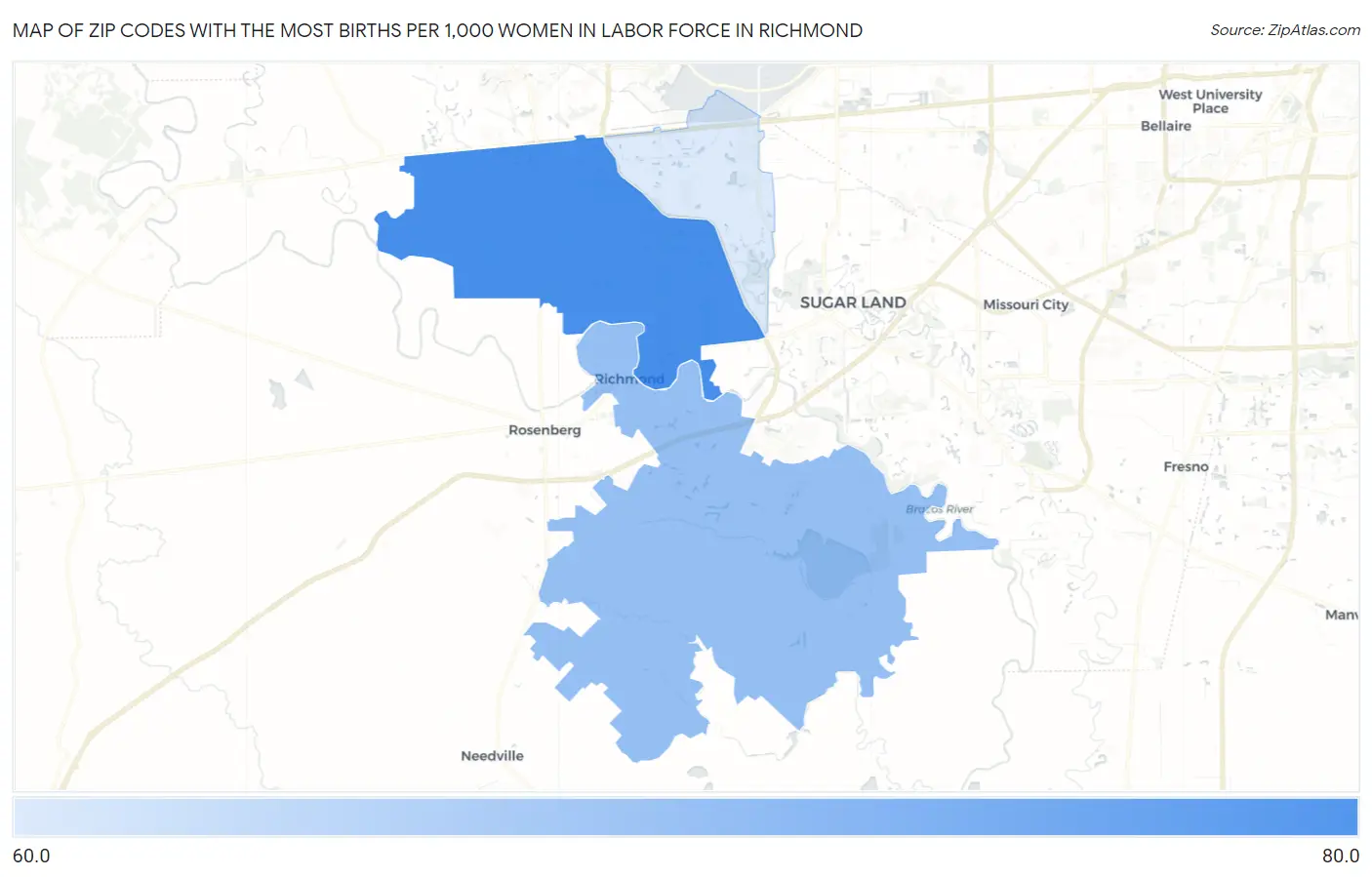 Zip Codes with the Most Births per 1,000 Women in Labor Force in Richmond Map