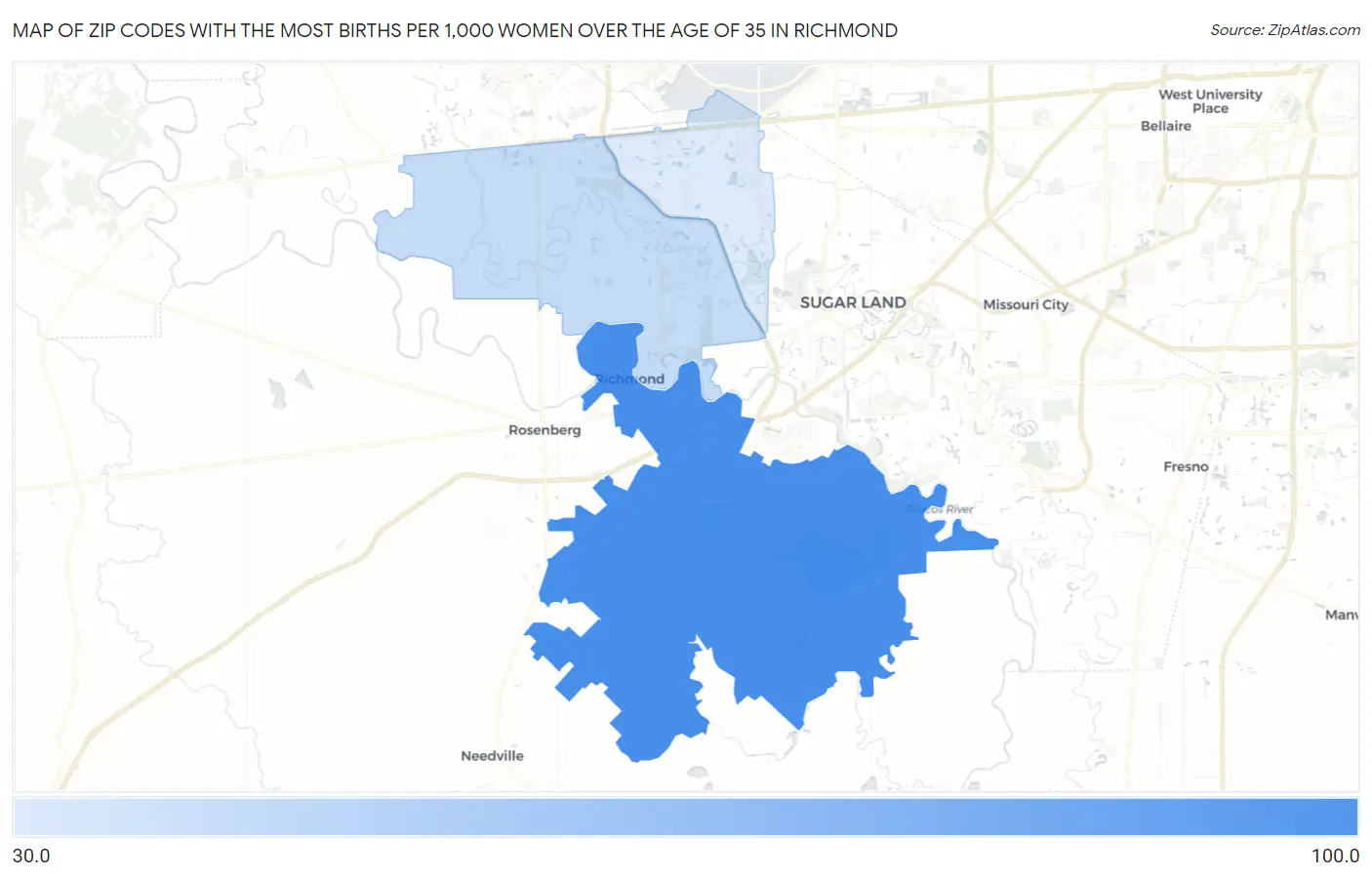 Zip Codes with the Most Births per 1,000 Women Over the Age of 35 in Richmond Map