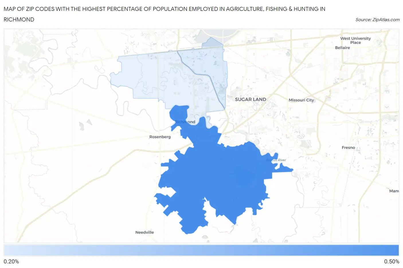Zip Codes with the Highest Percentage of Population Employed in Agriculture, Fishing & Hunting in Richmond Map