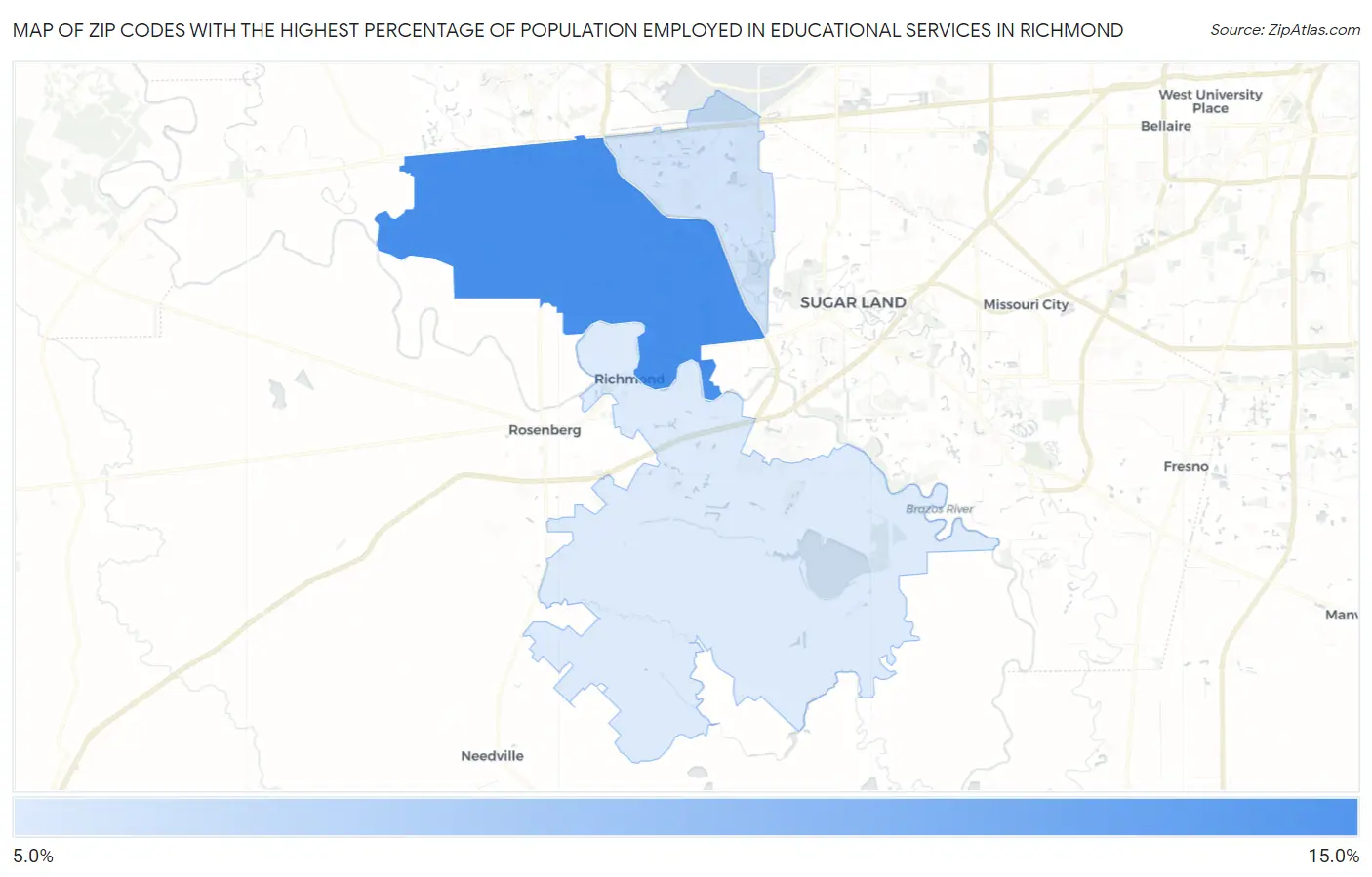 Zip Codes with the Highest Percentage of Population Employed in Educational Services in Richmond Map