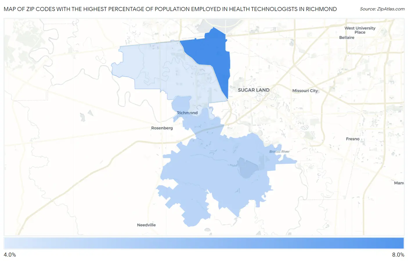 Zip Codes with the Highest Percentage of Population Employed in Health Technologists in Richmond Map