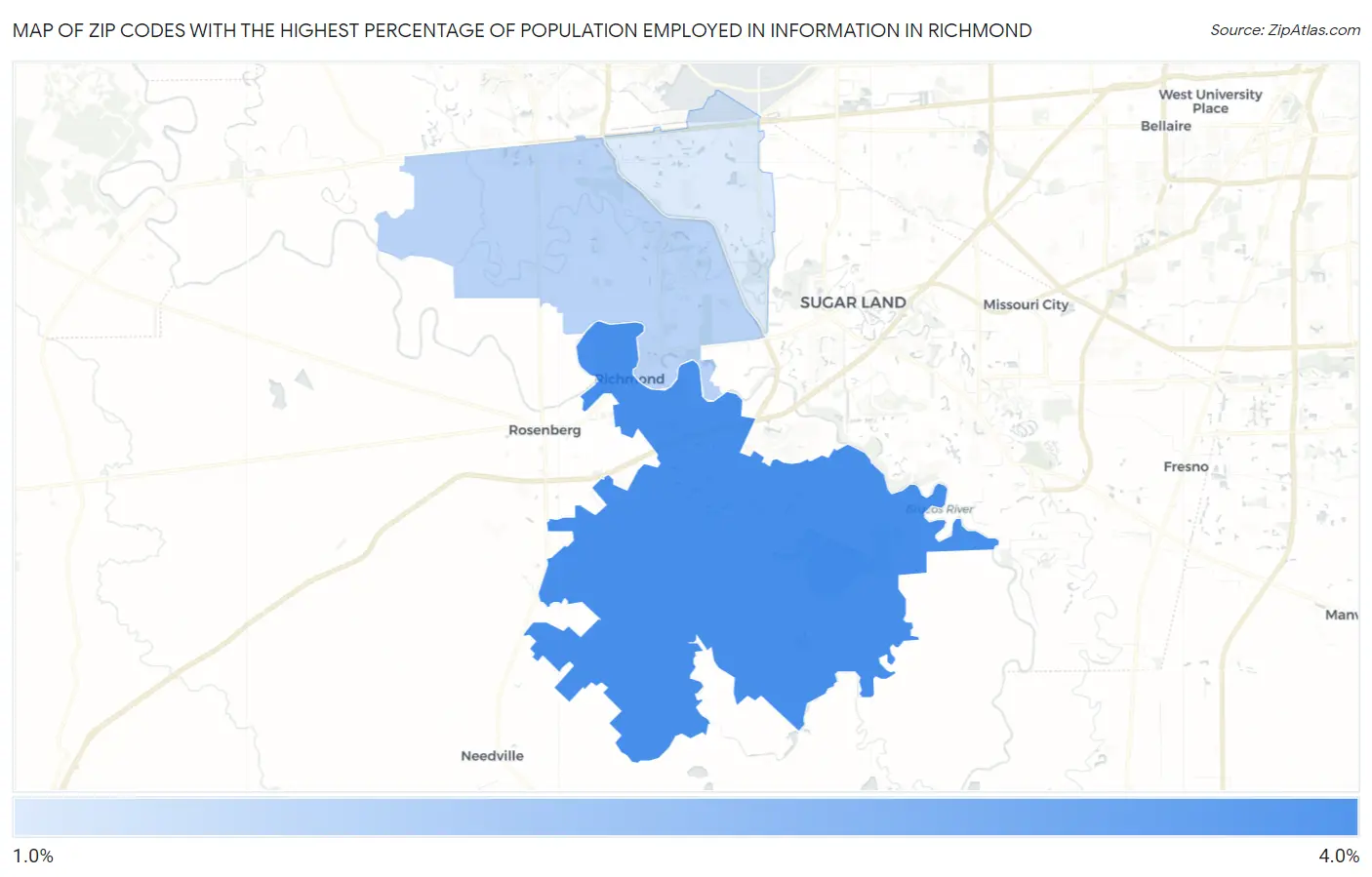 Zip Codes with the Highest Percentage of Population Employed in Information in Richmond Map