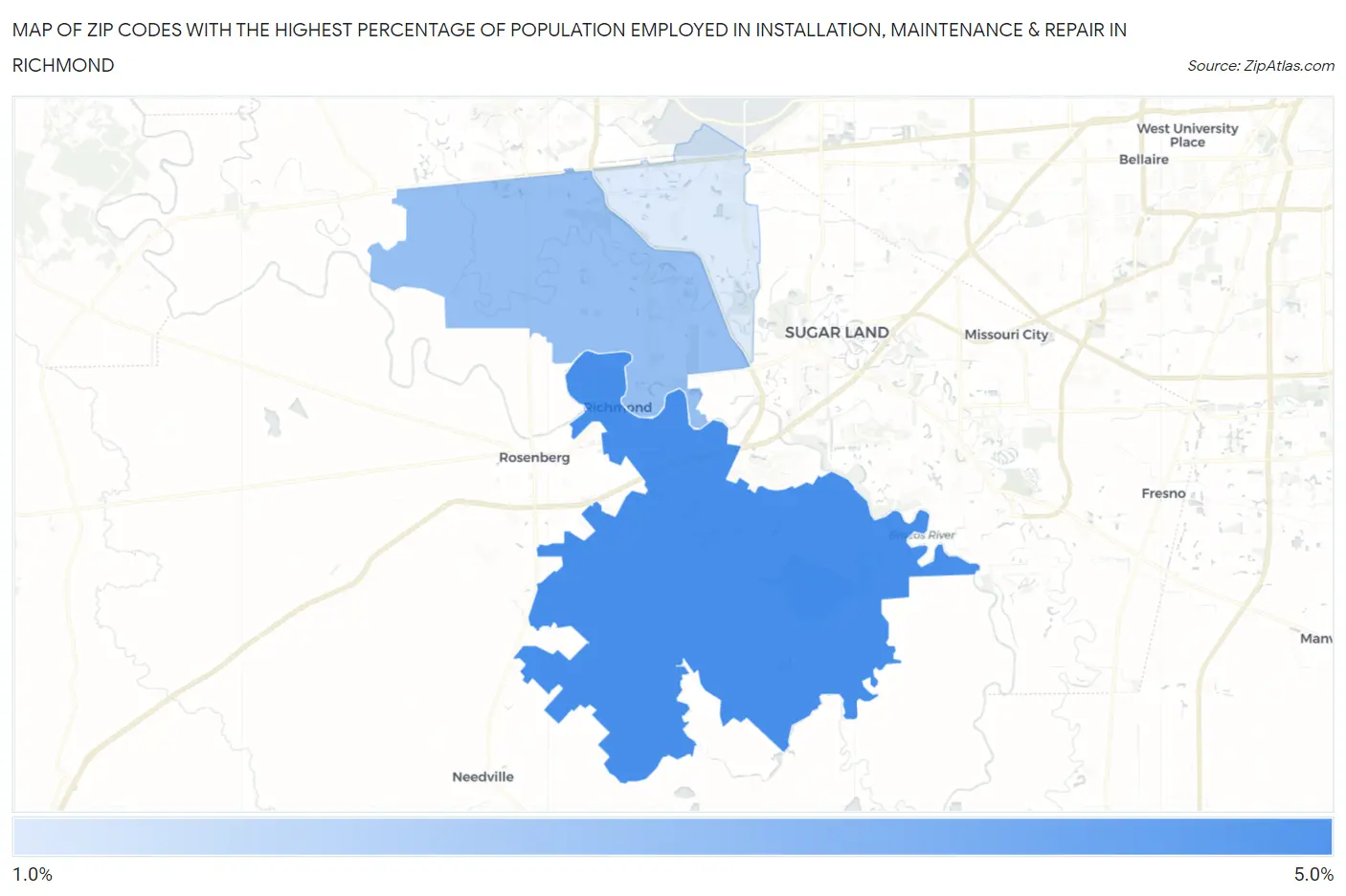 Zip Codes with the Highest Percentage of Population Employed in Installation, Maintenance & Repair in Richmond Map