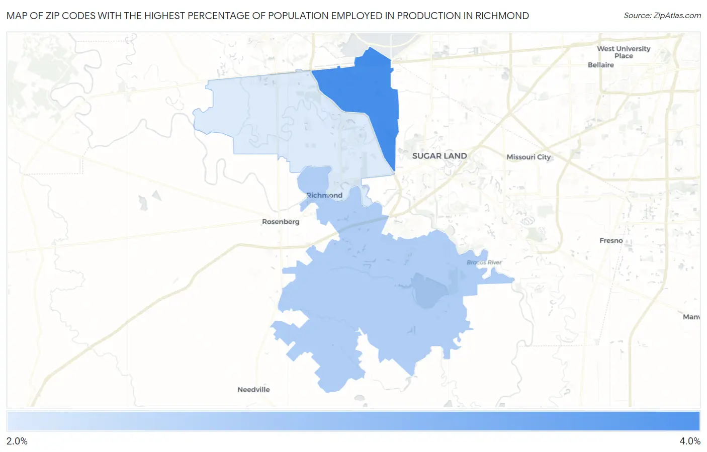 Zip Codes with the Highest Percentage of Population Employed in Production in Richmond Map