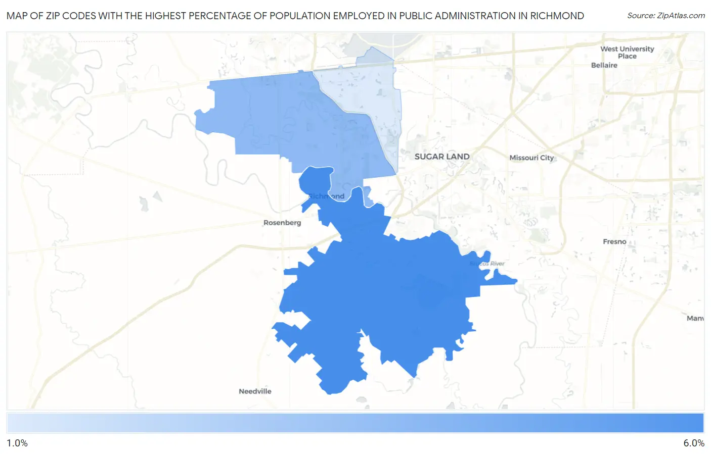 Zip Codes with the Highest Percentage of Population Employed in Public Administration in Richmond Map