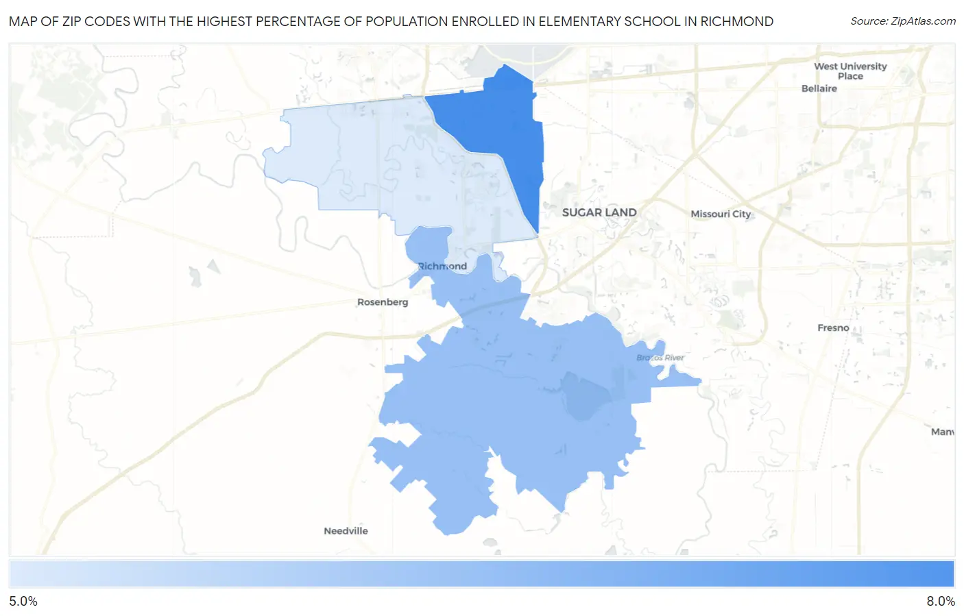 Zip Codes with the Highest Percentage of Population Enrolled in Elementary School in Richmond Map