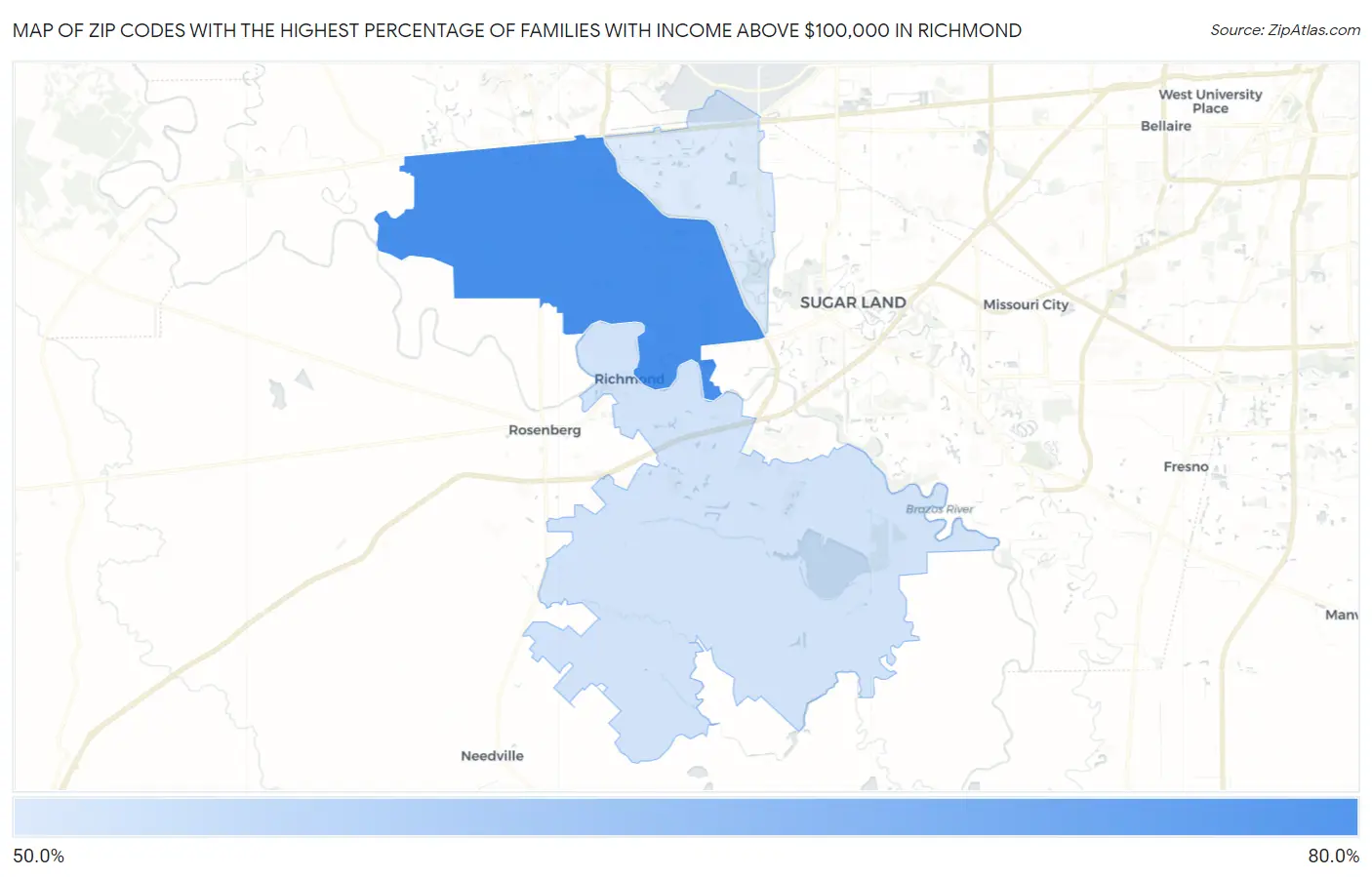 Zip Codes with the Highest Percentage of Families with Income Above $100,000 in Richmond Map