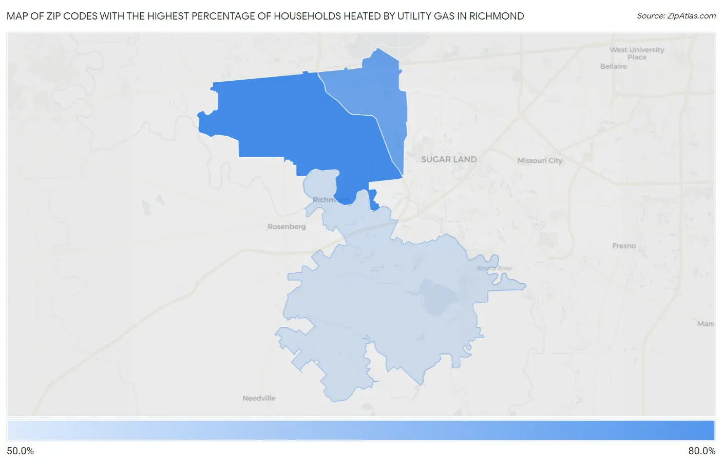 Zip Codes with the Highest Percentage of Households Heated by Utility Gas in Richmond Map