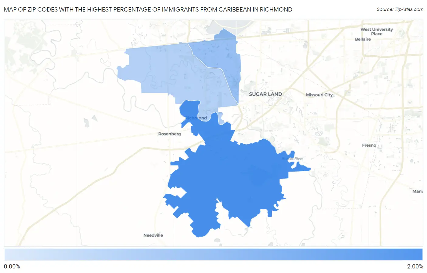 Zip Codes with the Highest Percentage of Immigrants from Caribbean in Richmond Map